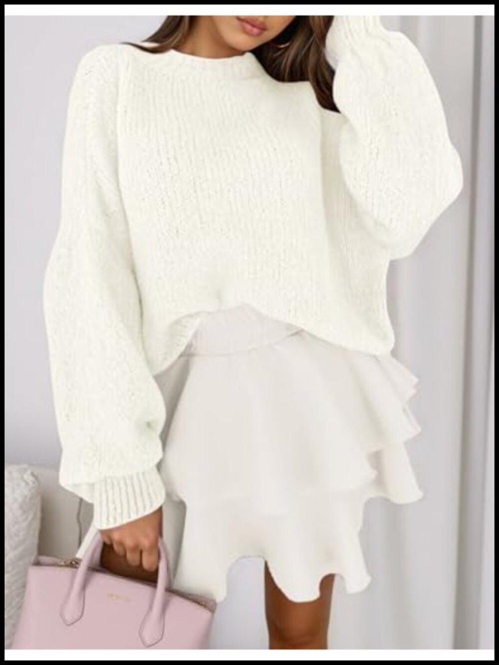 Chunky Knit Oversized Pullover Sweater Women Crewneck Lantern Sleeve - Picture 5 of 6
